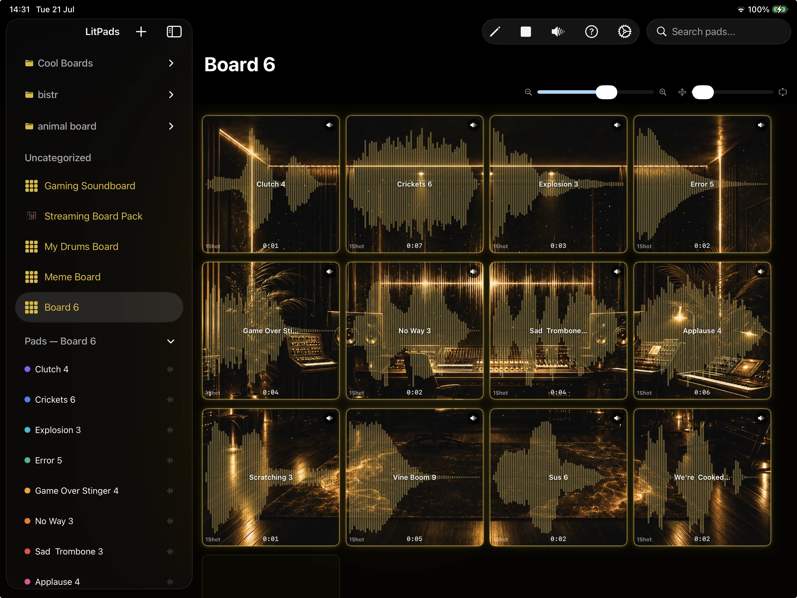 LitPads soundboard app running on iPad in landscape, showing the 4-column pad grid with dynamically sized square pads